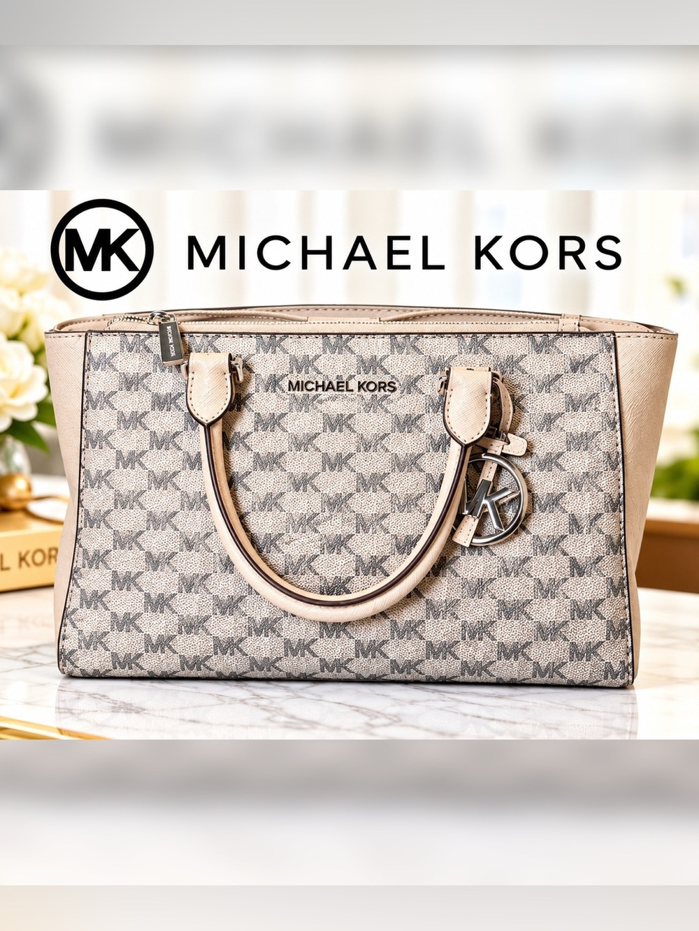 Michael Kors Jet Set Signature MK Logo Tote Bag Vanilla Beige Silver Hardware